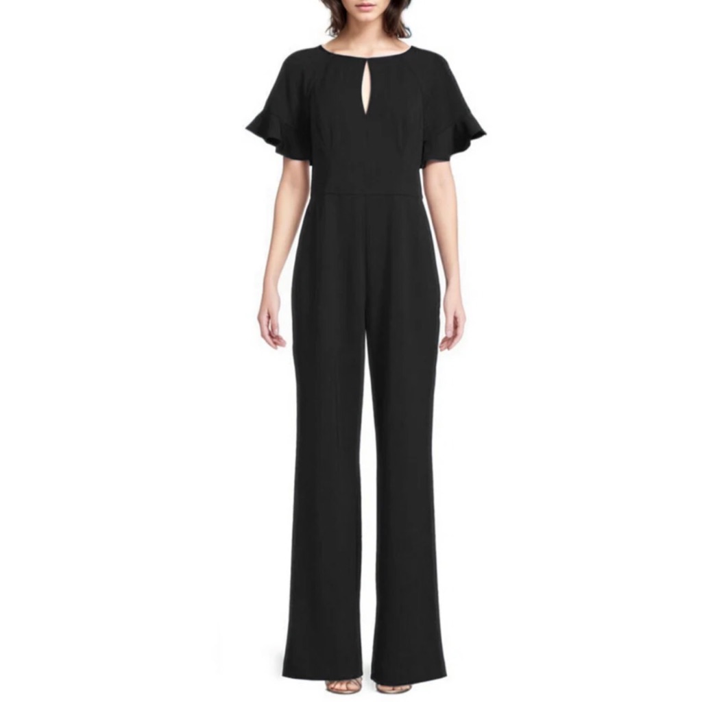 Focus By Shani Black Crepe Short Flutter Sleeve Jumpsuit Wide Leg Size 12
